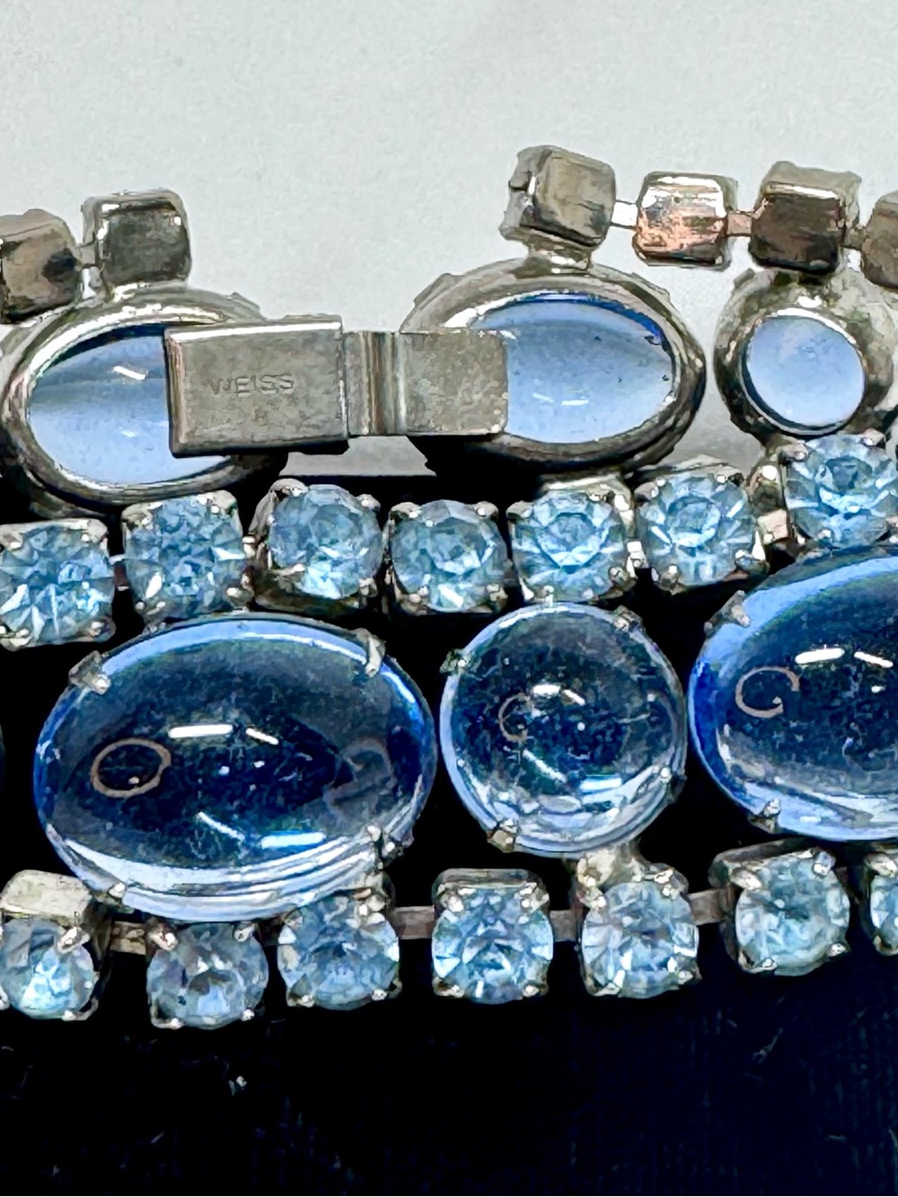 Albert Weiss Light Blue Glass Cabochon and Rhinestone Bracelet